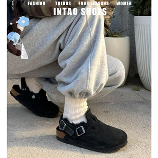 包头厚底毛毛鞋 真皮黑色两穿加绒勃肯鞋 新款 2025年冬季 女外穿时尚