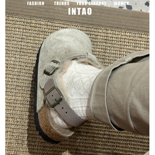 磨砂牛皮厚底两穿勃肯鞋女冬外穿加绒2025新款包头超火毛毛棉拖鞋