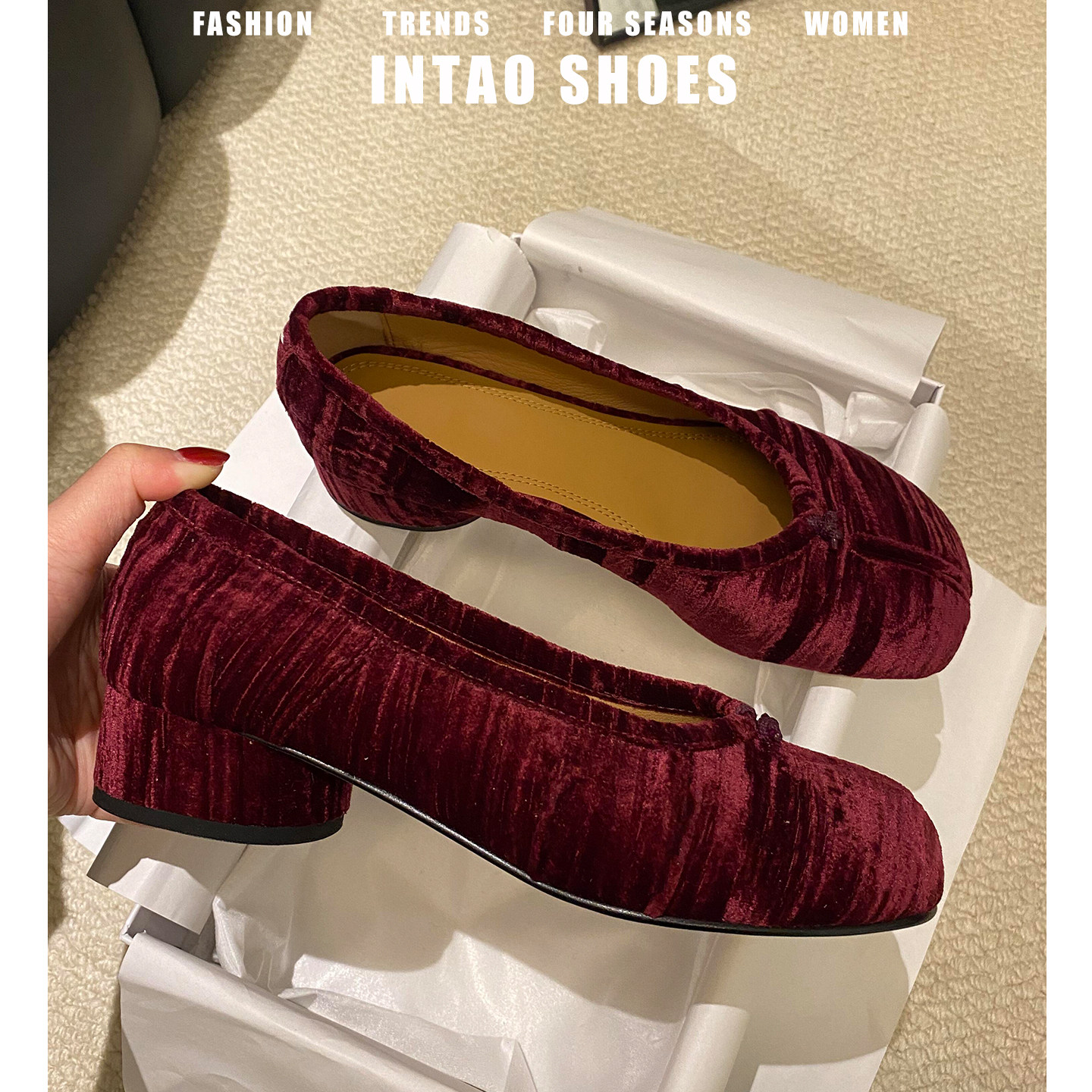 小众丝绒分趾单鞋女粗跟2026春季新款一脚蹬浅口气质法式小高跟鞋,女鞋,浅口单鞋,淘宝优惠券,粉丝福利购,淘宝优惠卷