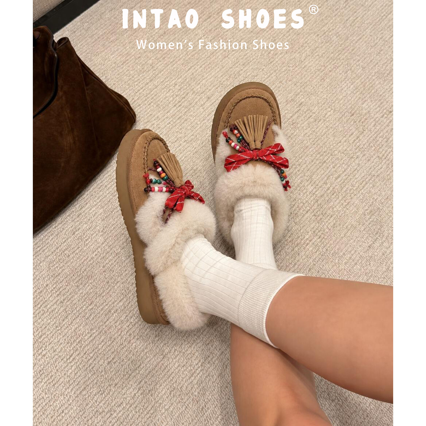 棕色流苏蝴蝶结深口毛绒单鞋女