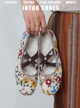 小众水钻交叉带芭蕾单鞋女平底2026春季新款蝴蝶结碎花温柔晚晚鞋