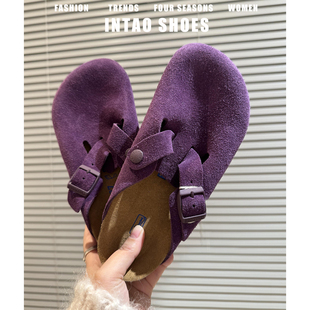 紫色超火磨砂牛皮勃肯鞋半拖女2026春季新款厚底绝美包头博肯单鞋