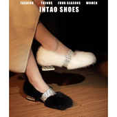 高跟鞋 白色水貂毛毛鞋 粗跟 法式 水钻玛丽珍单鞋 女加绒棉鞋 2025新款