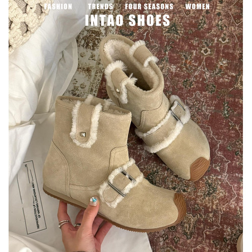 牛皮版~皮带扣内增高毛毛雪地靴