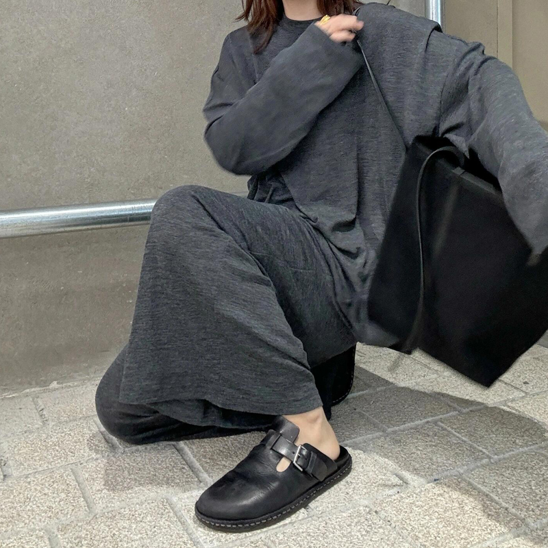 真牛皮~黑色包头勃肯鞋半拖女