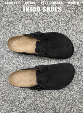 牛皮版~灰色包头勃肯鞋半拖女2026春季新款一脚蹬软木钓鱼博肯鞋