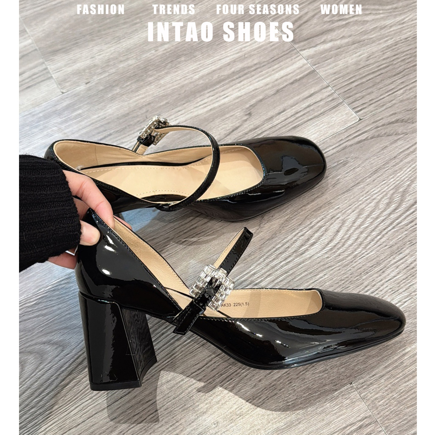 黑色巨好看的法式小玛丽珍高跟鞋女粗跟2026春季新款方头水钻单鞋