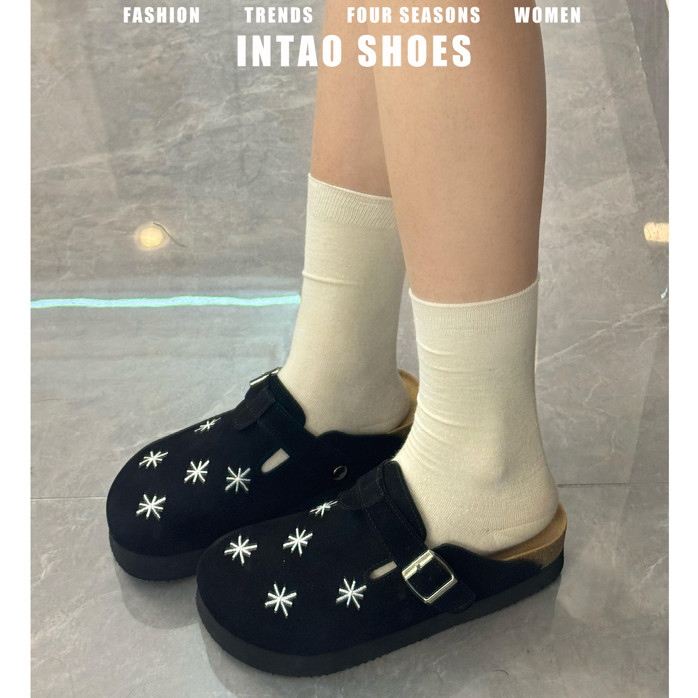 黑色星星刺绣松糕厚底增高勃肯鞋女2026春季新款一脚蹬包头半拖鞋