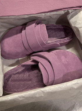 真皮紫色勃肯鞋半拖女加绒2026新款厚底保暖棉鞋一脚蹬包头博肯鞋