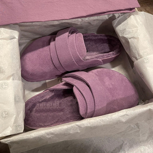 真皮紫色勃肯鞋半拖女加绒2025新款厚底保暖棉鞋一脚蹬包头博肯鞋