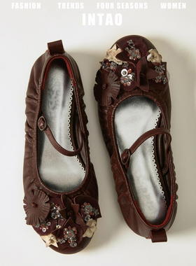 复古棕色水钻花朵褶皱平底单鞋女2025秋季新款芭蕾风法式玛丽珍鞋
