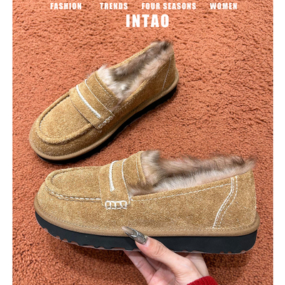 棕色复古厚底豆豆毛毛鞋女冬加绒