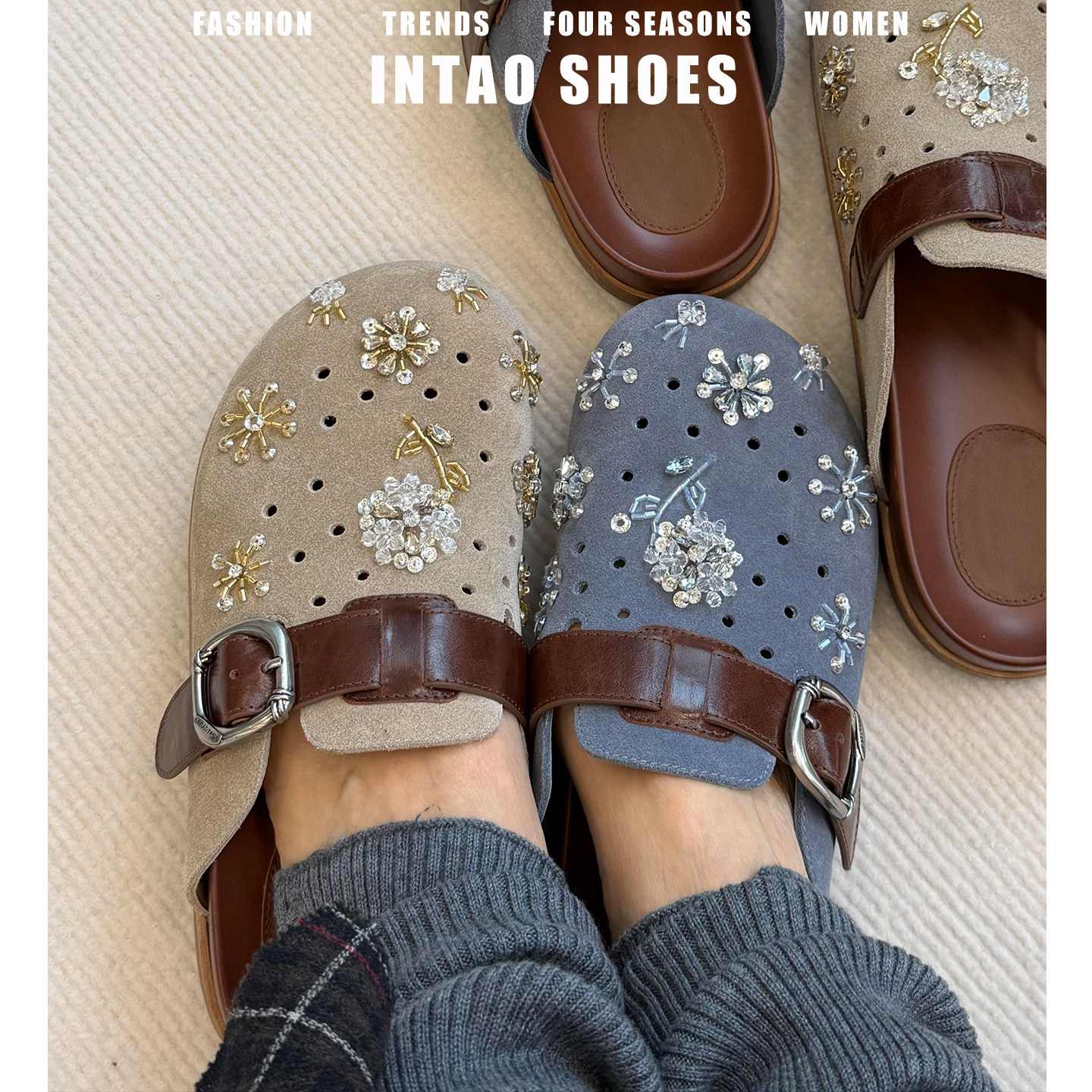 牛皮版~水钻花朵镂空厚底勃肯鞋半拖2026春季新款皮带扣博肯单鞋