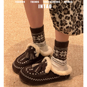 咖啡色流苏刺绣加绒勃肯鞋 厚底棉鞋 半拖女2025新款 包头超火毛毛鞋