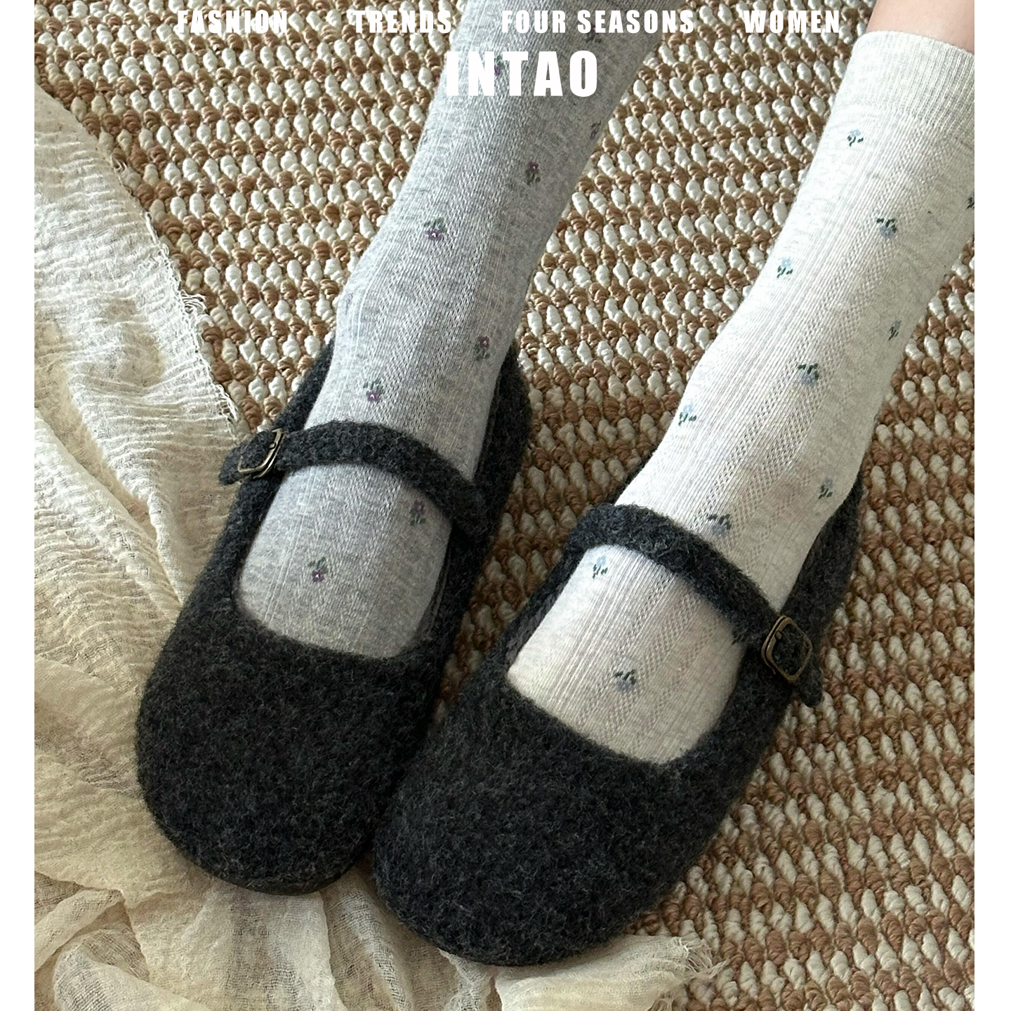 灰色毛毡一字带圆头单鞋女平底