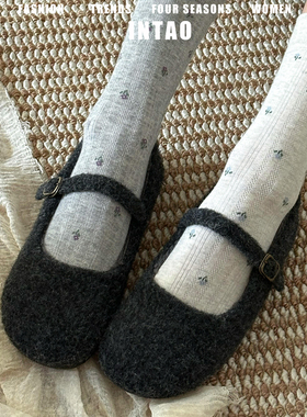 灰色毛毡一字带圆头单鞋女平底2025年秋季新款温柔晚晚风玛丽珍鞋