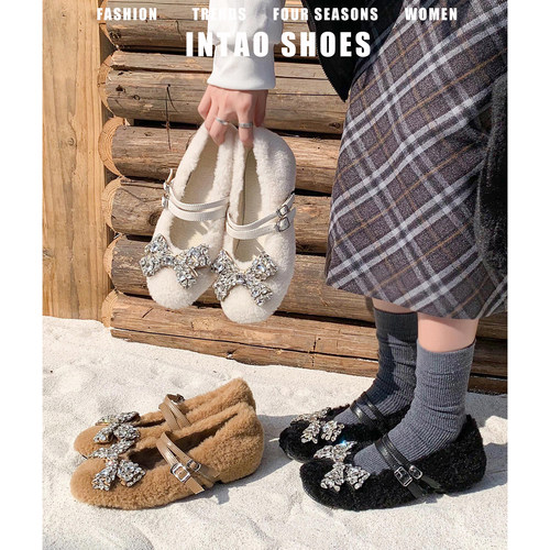 蝴蝶结羊羔毛毛鞋女冬外穿加绒