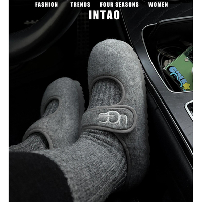 灰色一脚蹬毛绒单鞋女外穿2025