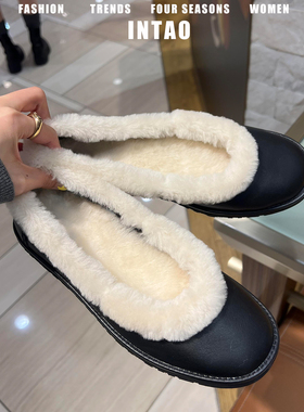 真皮黑色超火毛毛鞋女秋冬加绒豆豆棉鞋2025新款法式懒人浅口单鞋