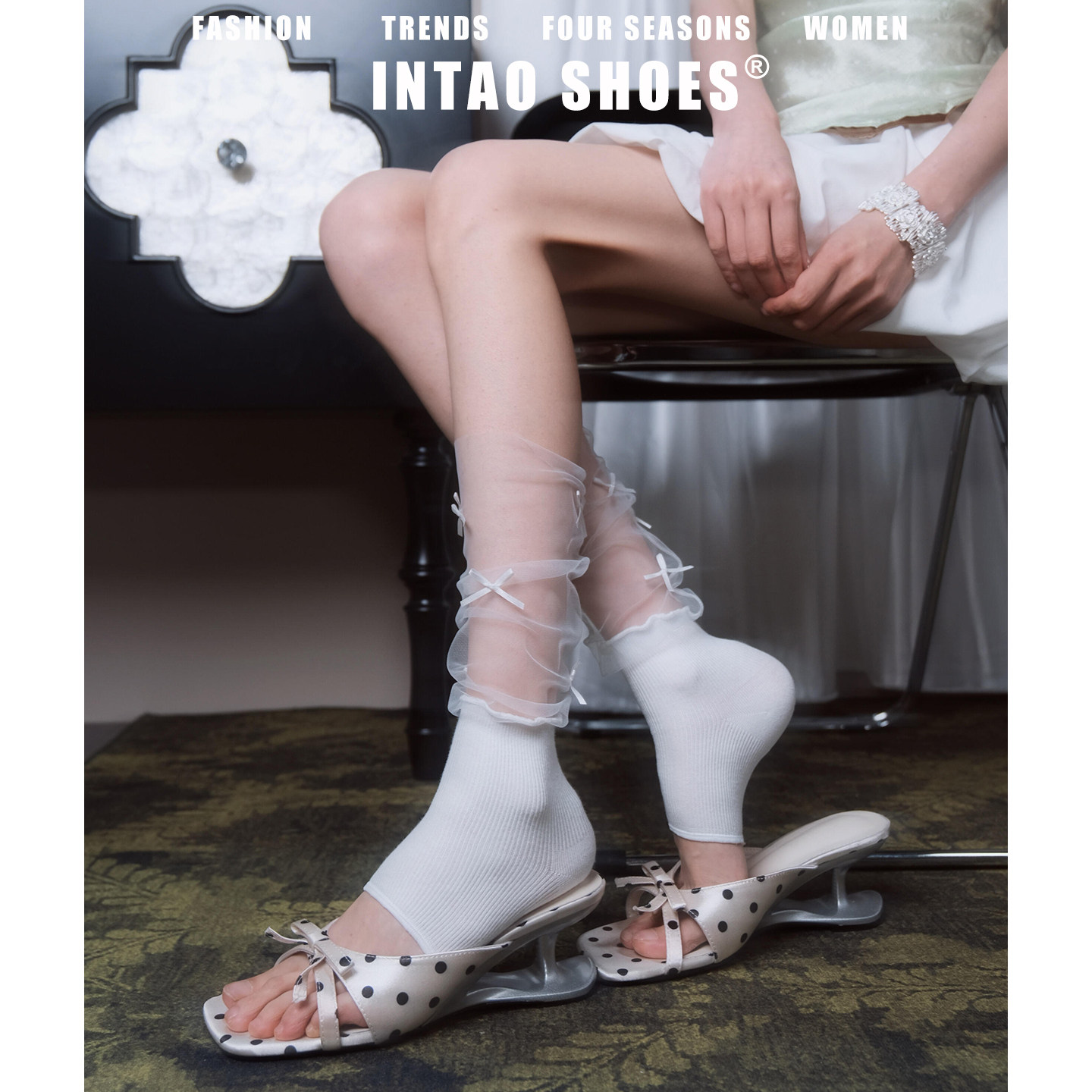 白色蝴蝶结波点小个子凉鞋女夏天2026新款高级感方头绝美高跟拖鞋