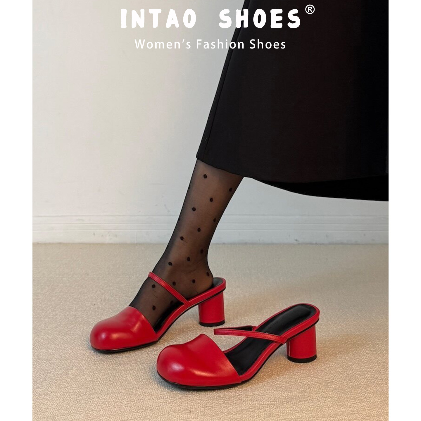 巨好看的红色包头拖鞋女夏外穿2026新款法式一字带圆头高跟鞋粗跟