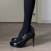 一字双扣带漆皮圆头玛丽珍单鞋 法式 新款 女细跟2026春季 黑色高跟鞋