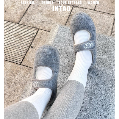 灰色一脚蹬平底毛毛鞋女冬季外穿