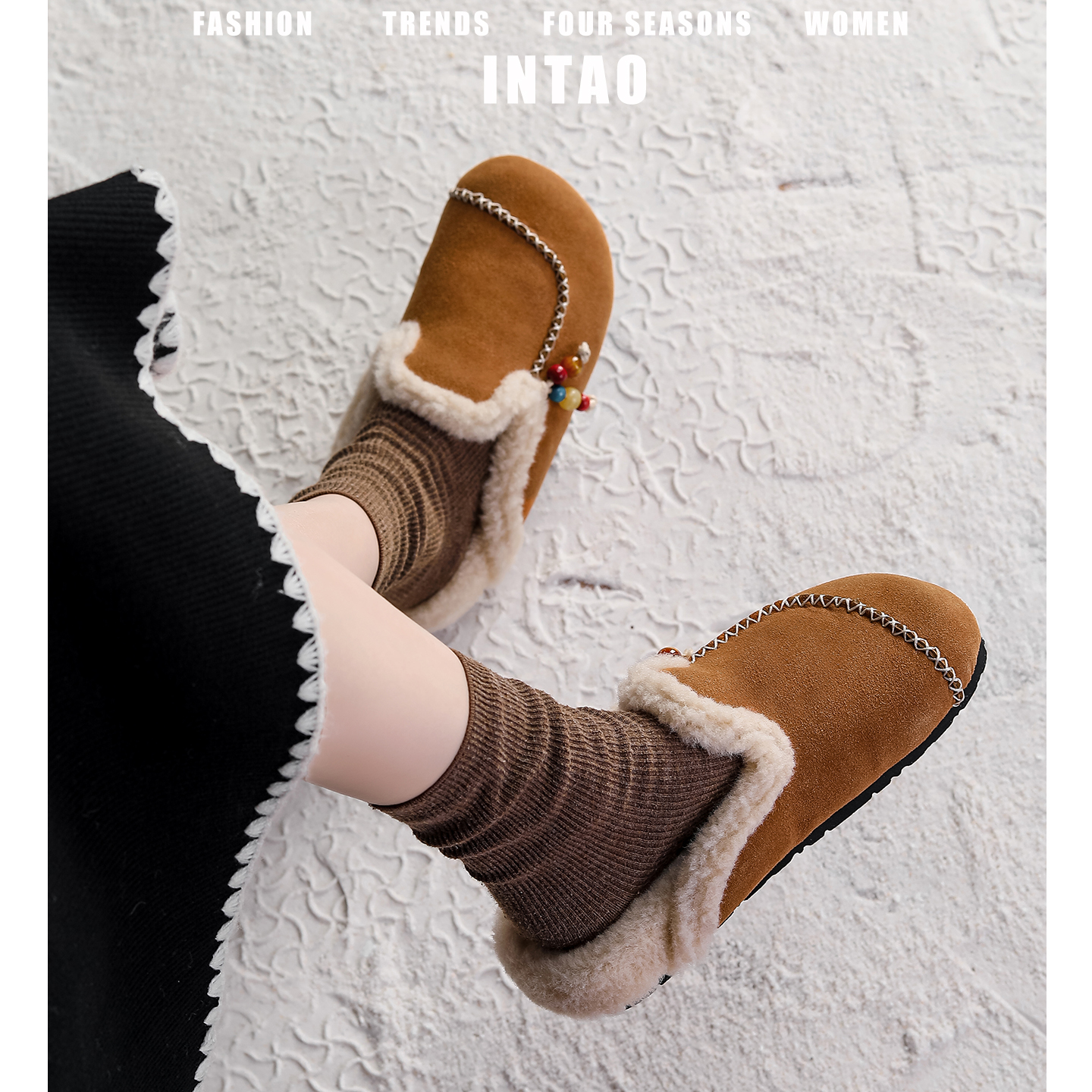棕色串珠厚底毛毛拖鞋女冬季加绒