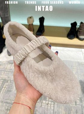 白色加绒保暖豆豆棉鞋女冬外穿2025新款法式一字带玛丽珍毛毛单鞋