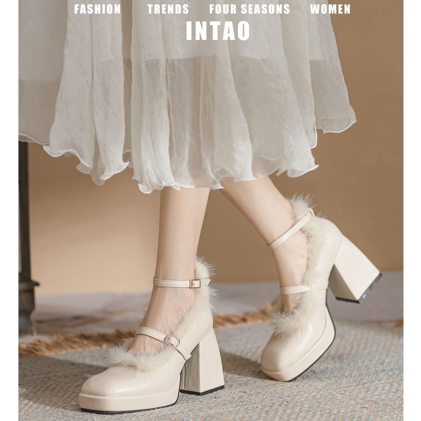 小个子水貂毛高跟鞋女粗跟玛丽珍