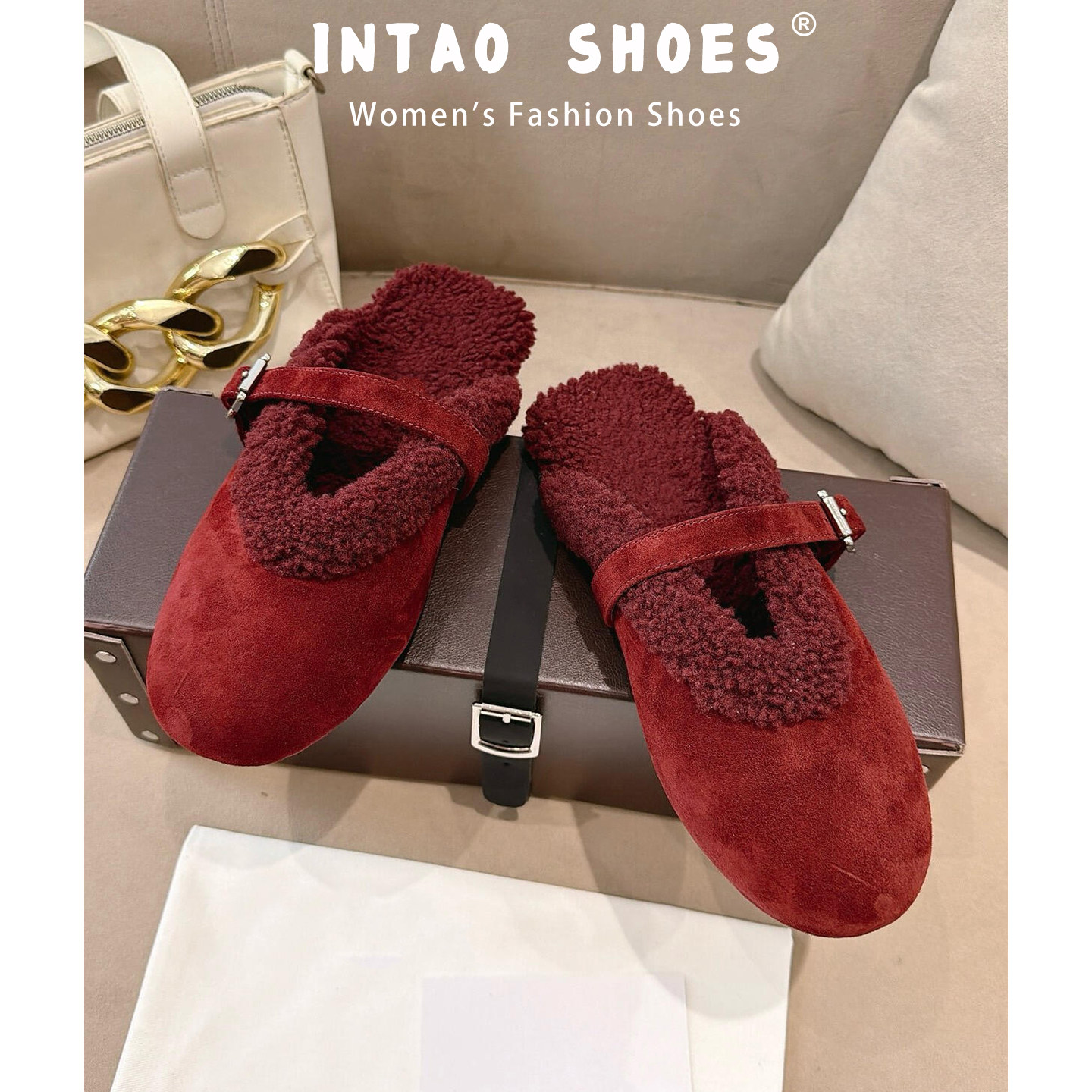 红色一字带丝绒包头半拖鞋女冬