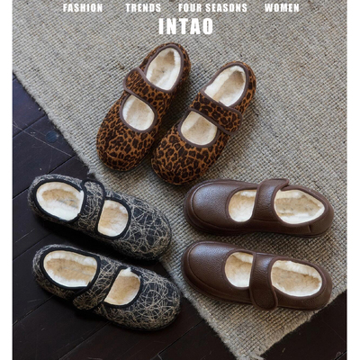 复古豹纹超火玛丽珍毛毛鞋女外穿