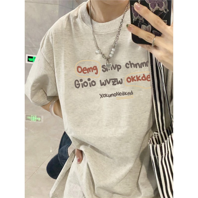 纯棉情侣短袖t恤女2024新款夏季灰色设计感小众美式宽松半袖上衣