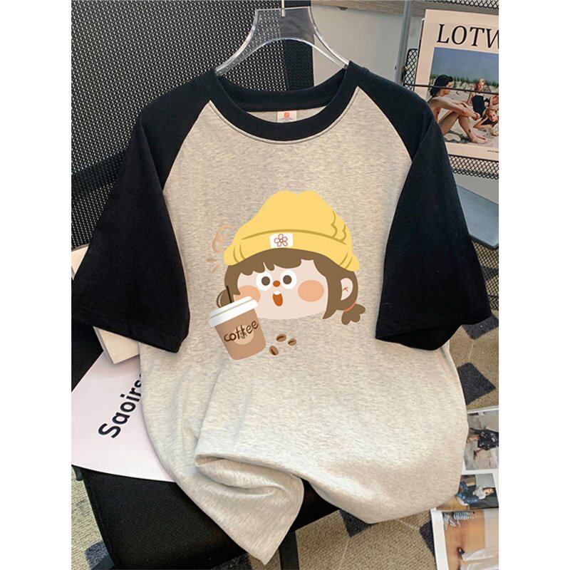 美式复古宽松大码胖mmT恤女春薄款插肩袖纯棉小个子印花上衣ins