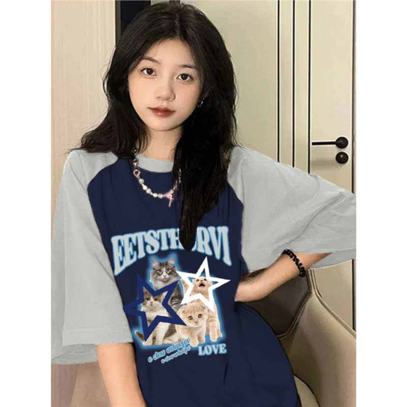 撞色插肩袖t恤女hiphop情侣感美式嘻哈ins潮短袖宽松大码上衣
