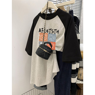 卡通大码T恤女夏季新款hiphop复古撞色插肩上衣ins潮宽松百搭