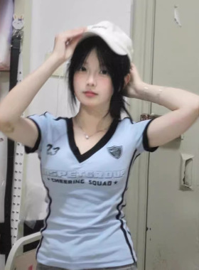 美式y2k夏新款蓝色插肩袖短袖t恤女短款辣妹修身显瘦V领正肩上衣