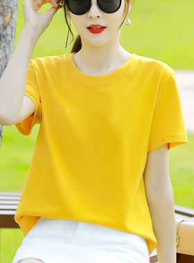 即墨夏季纯棉短袖t恤女装新款宽松纯色上衣服黄色内搭夏装女士潮