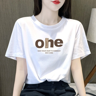 高端即墨品牌纯棉女士t恤夏季新品正肩简约字母减龄宽松体恤上衣