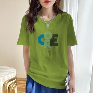 正肩体恤印花上衣ins风 高级感纯棉短袖 t恤女夏季 新款 百搭宽松大码