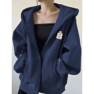 即墨藏蓝爆款开衫拉链卫衣女秋冬加绒流行加厚纯棉棒球服带帽外套