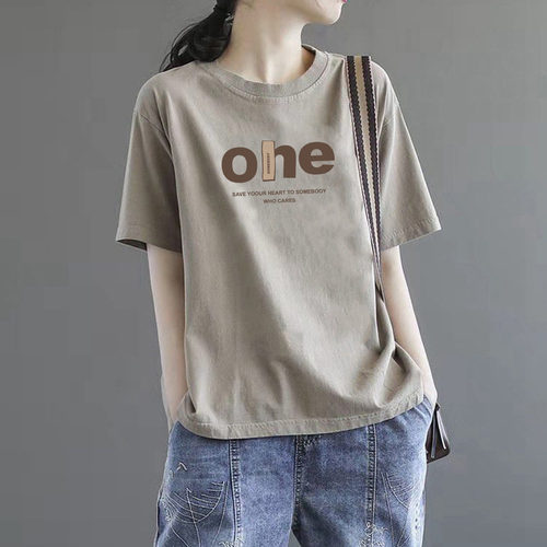 高端品牌即墨流行宽松短袖t恤女夏季正肩时尚印花半袖纯棉上衣潮
