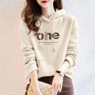 大牌捡漏纯棉卫衣女秋冬季 加绒加厚字母印花简约休闲连帽上衣外套