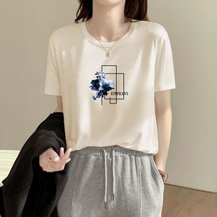 上衣 纯棉短袖 t恤女夏季 新款 百搭宽松遮肉显瘦正肩全棉体恤衫