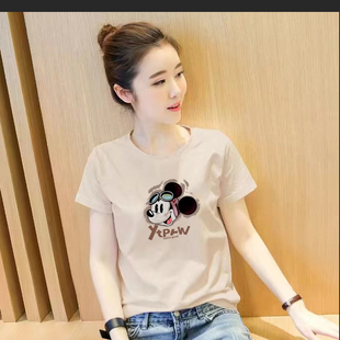 山东即墨品牌纯棉短袖t恤女夏季网红爆款杏色米奇设计感学生上衣