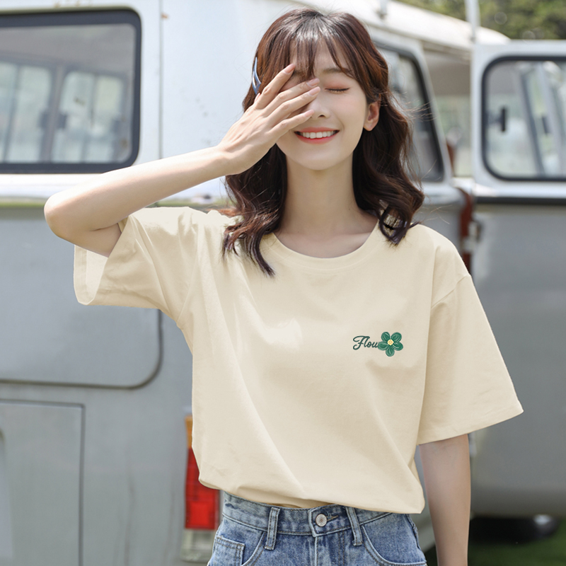 即墨高端品牌纯棉短袖t恤女气质绝美宽松上衣半袖正肩百搭打底衫