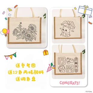 摆地摊diy涂鸦麻布袋帆布亚麻帆亲子黄麻可爱手提袋学生手工包包