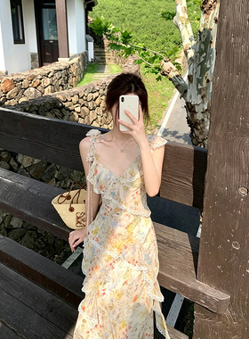 【缤纷花遇】法式荷叶边绝美碎花连衣裙度假蕾丝拼接气质收腰长裙