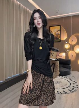 夏季法式防晒T恤豹纹裙两件套