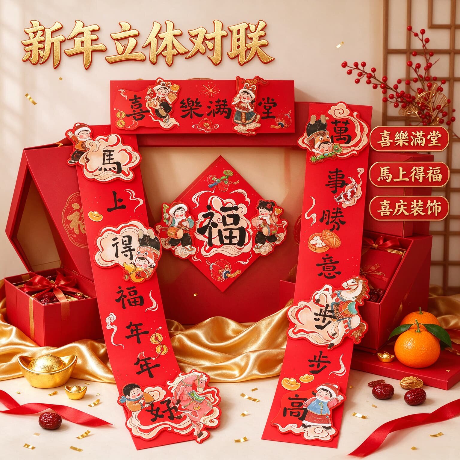 新年立体对联套装喜乐满堂国潮福娃春联马上得福新春大门装饰对联
